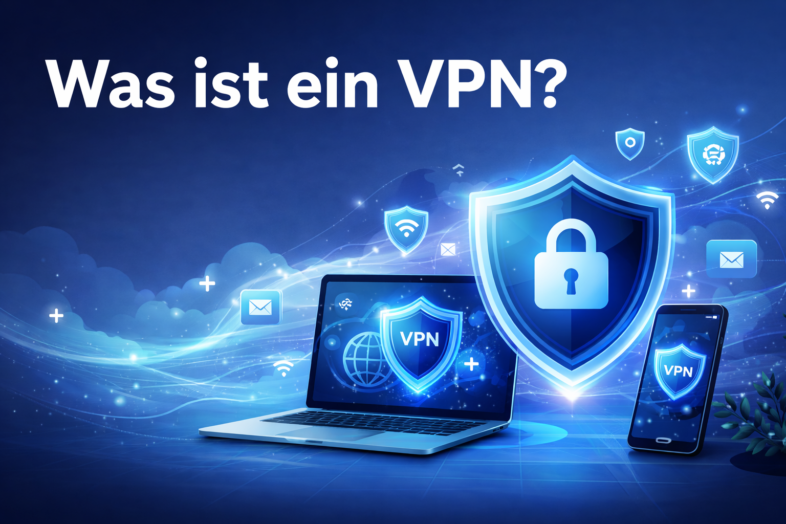 Illustration zu VPN-Datenschutz: verschl&uuml;sselte Internetverbindung mit Schutzschild, Laptop und Smartphone.